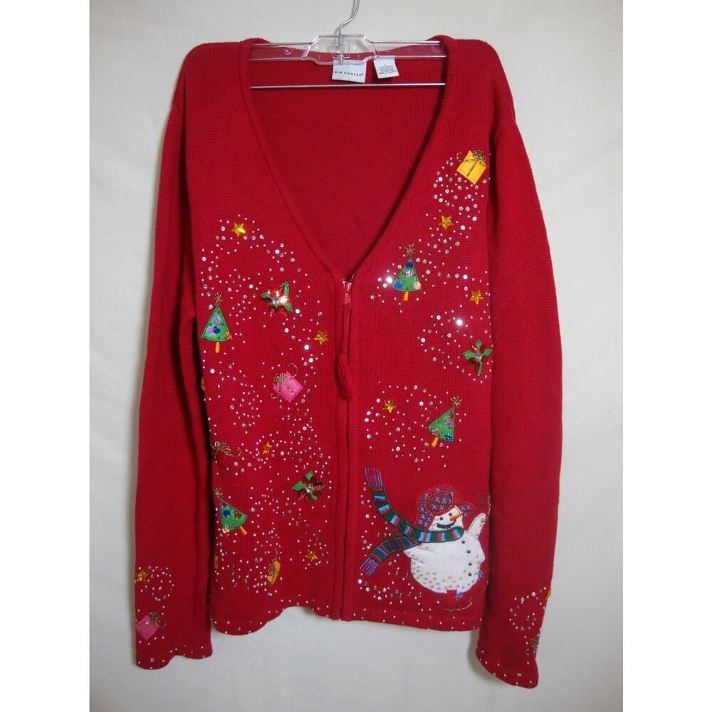 Christmas Sweater Cardigan Sparkle Embellished Red Zip Front SZ L Long Sleeve